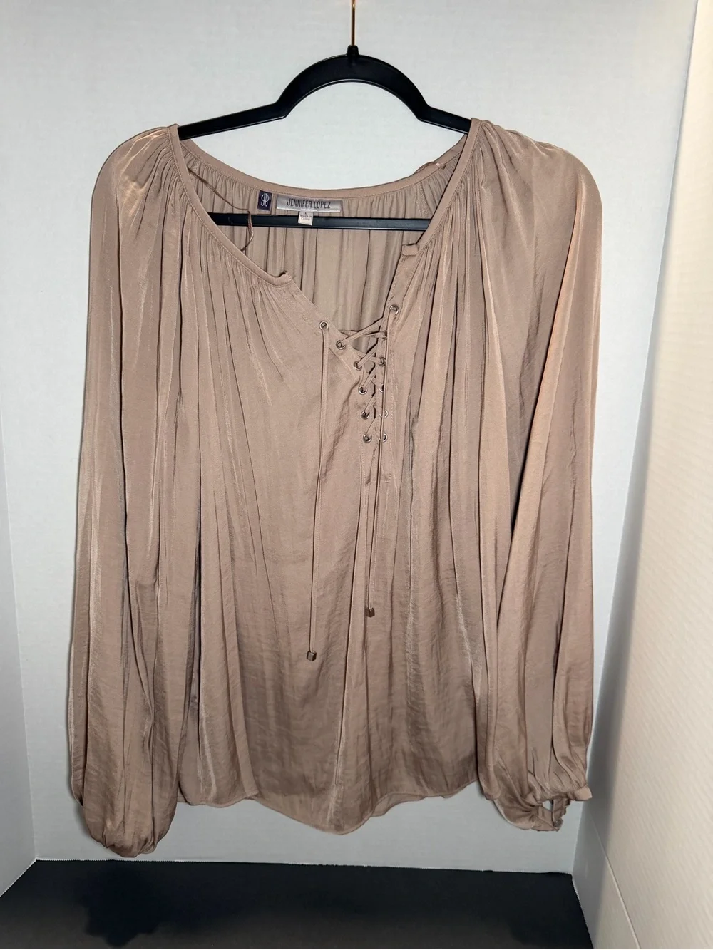 Jennifer Lopez Taupe‎ Lace-Up Peasant Top